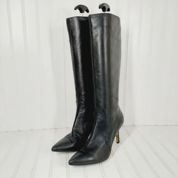 Black Leather Knee High Heeled Boots